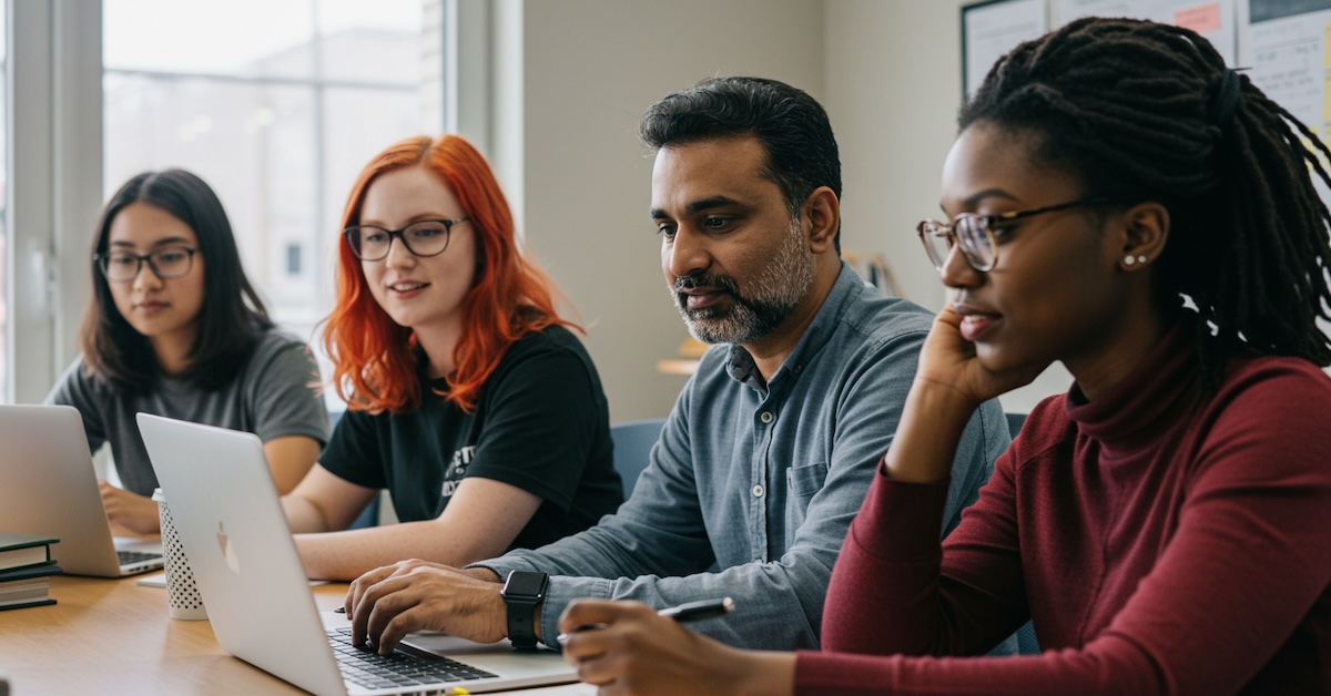 Diverse group of social work graduate students collaborating in an online MSW program class, working on laptops in a bright classroom setting.