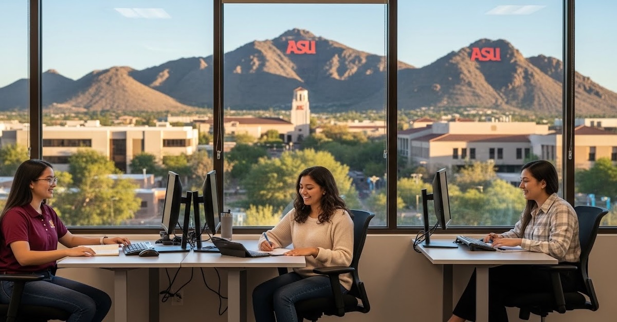 Three diverse ASU students studying at desks with laptops overlooking Arizona State University campus and iconic A Mountain, representing the online MSW program's flexible learning environment