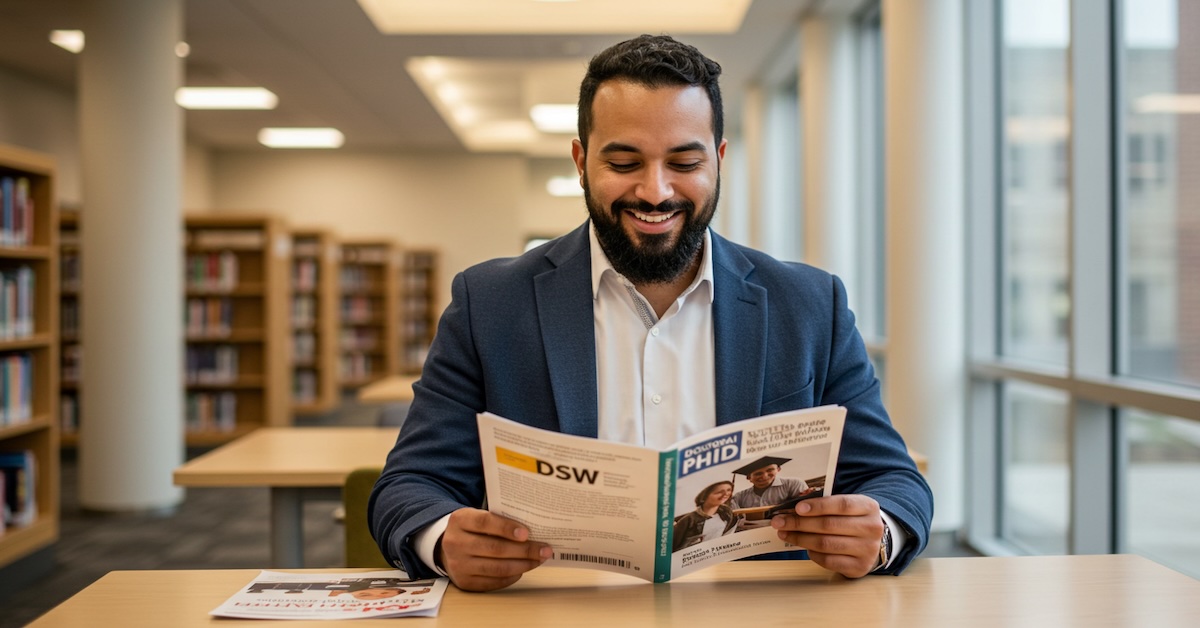 Professional social worker comparing DSW vs PhD program brochures in modern university library.