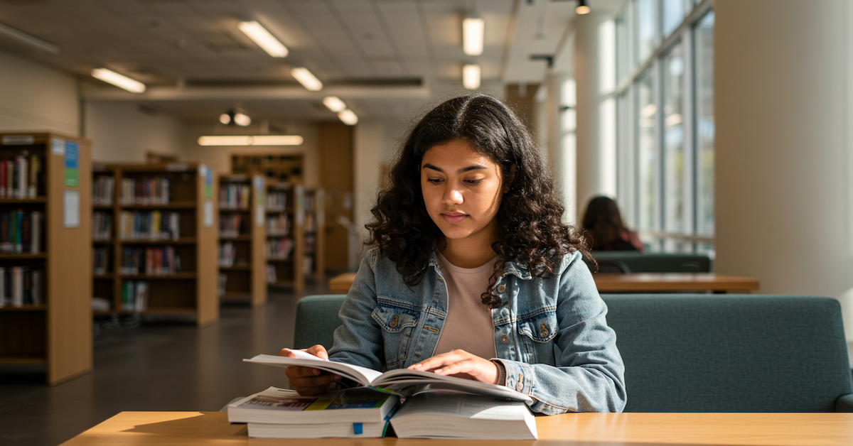 First-generation college student studying social work textbooks in university library, focused on academic success with multiple books open on wooden table