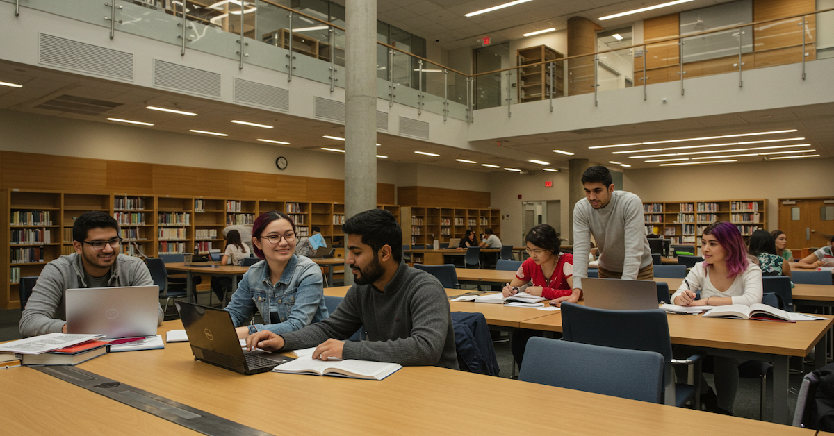 Diverse graduate students collaborating in modern university library, with teaching assistant helping students at laptops and textbooks, representing MSW graduate assistantship opportunities