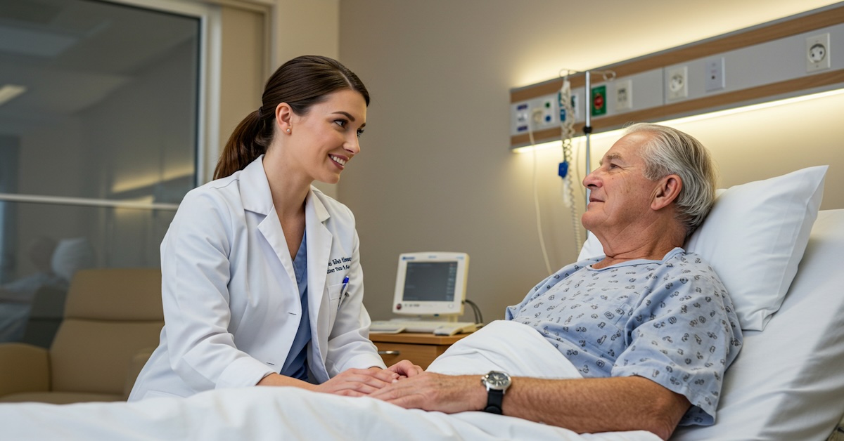 Medical social worker in white coat providing compassionate support to elderly male patient in hospital bed, demonstrating patient-centered care in healthcare setting.