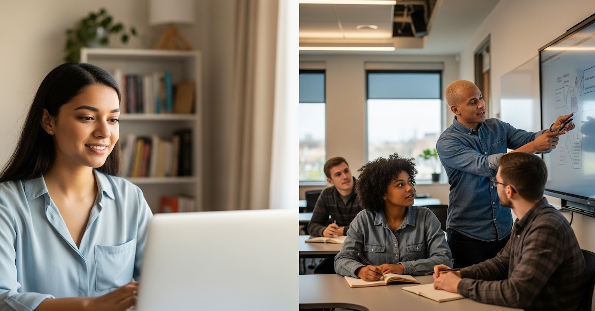 Online MSW student studying on laptop at home compared to campus MSW students collaborating in classroom with instructor