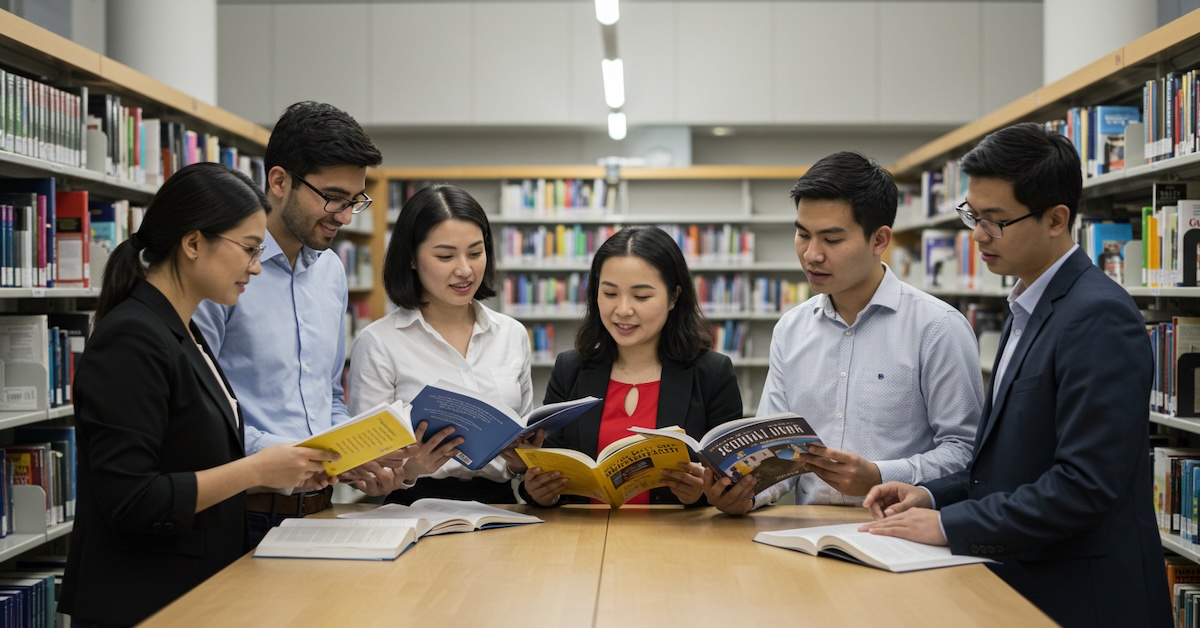 Graduate students comparing social work and psychology masters program textbooks in university library