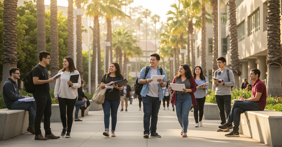 Social work students walking together on a California university campus with palm trees, discussing coursework and carrying study materials during golden hour.