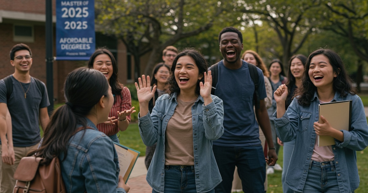 "Diverse social work students laughing and waving to classmates on campus, with affordable Master's degree programs banner visible in background"
