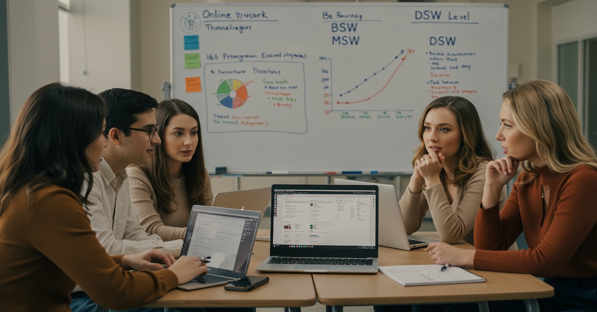 Social work students collaborating on laptops while reviewing BSW, MSW, and DSW degree program data displayed on whiteboard showing enrollment statistics and degree pathways.