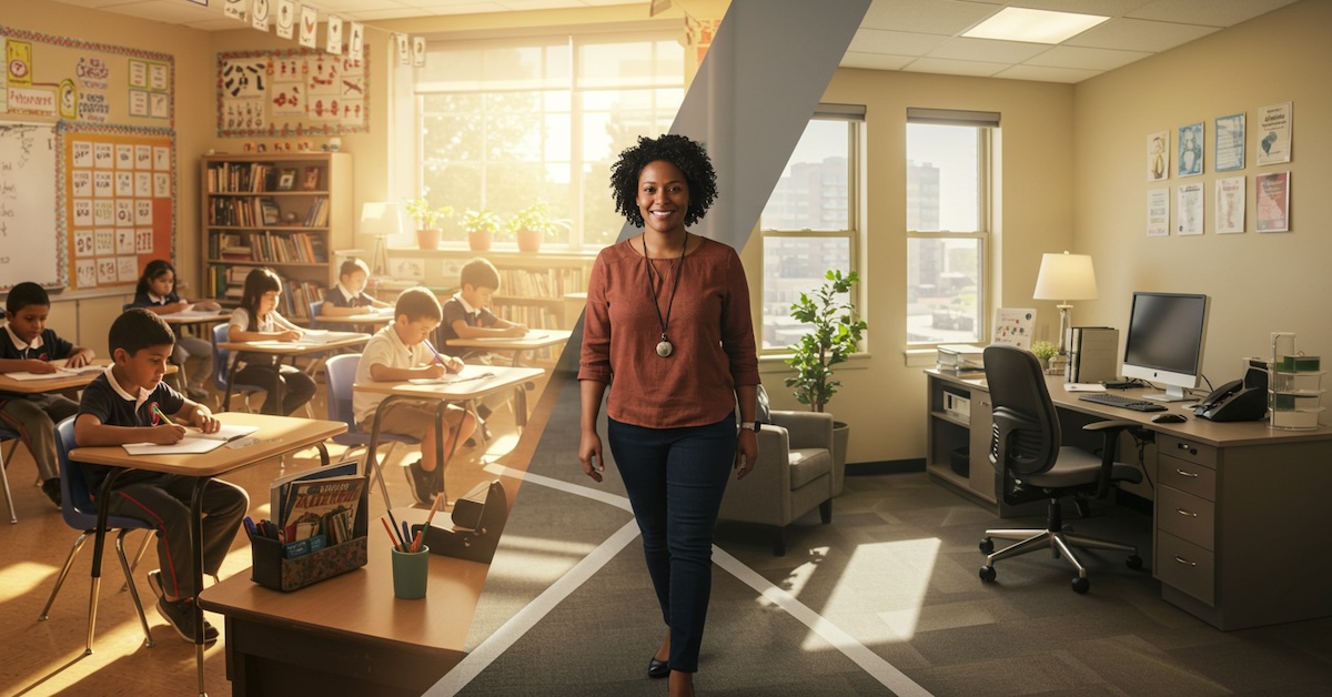 Professional educator standing between elementary classroom with students and modern social work office, representing teacher to social worker career transition