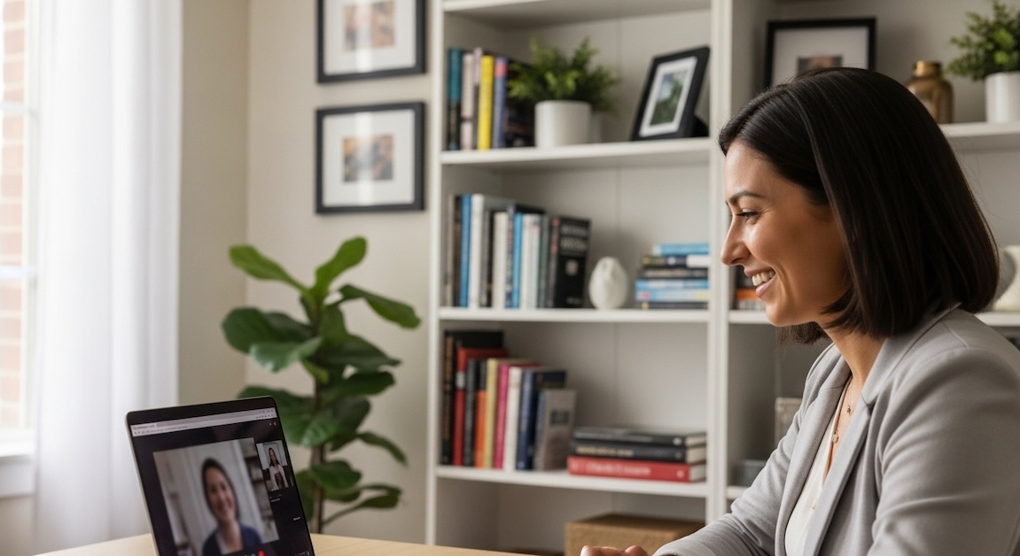 Social worker conducting telehealth therapy session from home office with laptop video call, professional woman in gray blazer smiling at screen in modern workspace with bookshelves and natural lighting