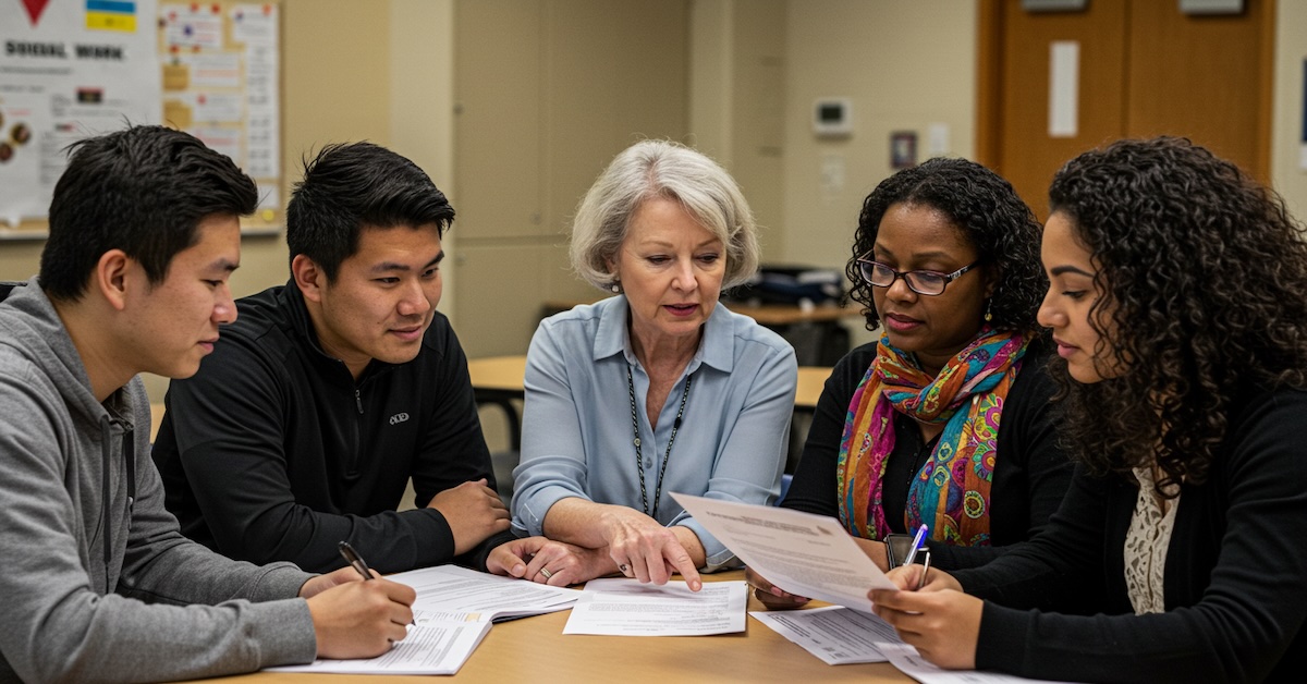 Diverse social work students and professor reviewing Title IV-E program application documents together in classroom setting
